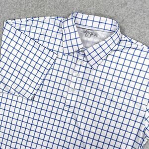 Collars & Co Dress Collar Polo Shirt Mens Large White Blue Plaid Stretch Office